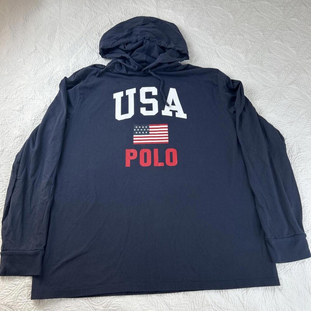 Polo Ralph Lauren Men's Cotton Jersey Hoody Long Sleeve Shirt USA Flag Shield XL